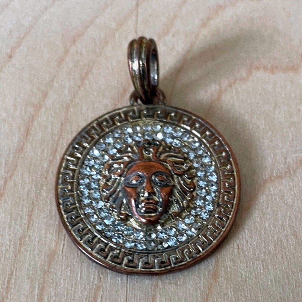 Bronze Tone Medusa Head Medallion Pendant Greek Key Rhinestone Charm
